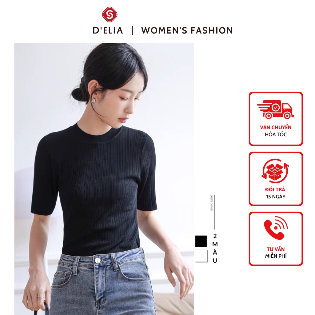 Áo thun tay lỡ nữ trơn mỏng dáng ôm cổ tròn chất len lụa băng mềm mại co giãn tốt 2 màu đen trắng D'ELIA