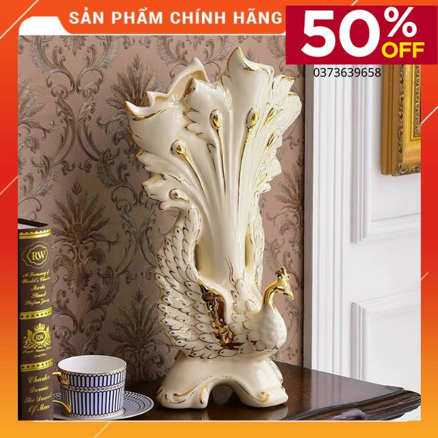 Lọ Cắm Hoa Bằng Gốm Sứ Trắng Viền Vàng- Họa Tiết Chim Công Khoe Sắc Phong Cách Hoàng Gia Sang Chảnh-Bình Cắm Bông Đẹp