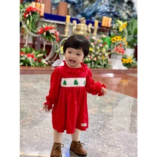 Váy đầm bé gái smock cô nắng đỏ dài tay thêu cây thông, váy noel dễ thương