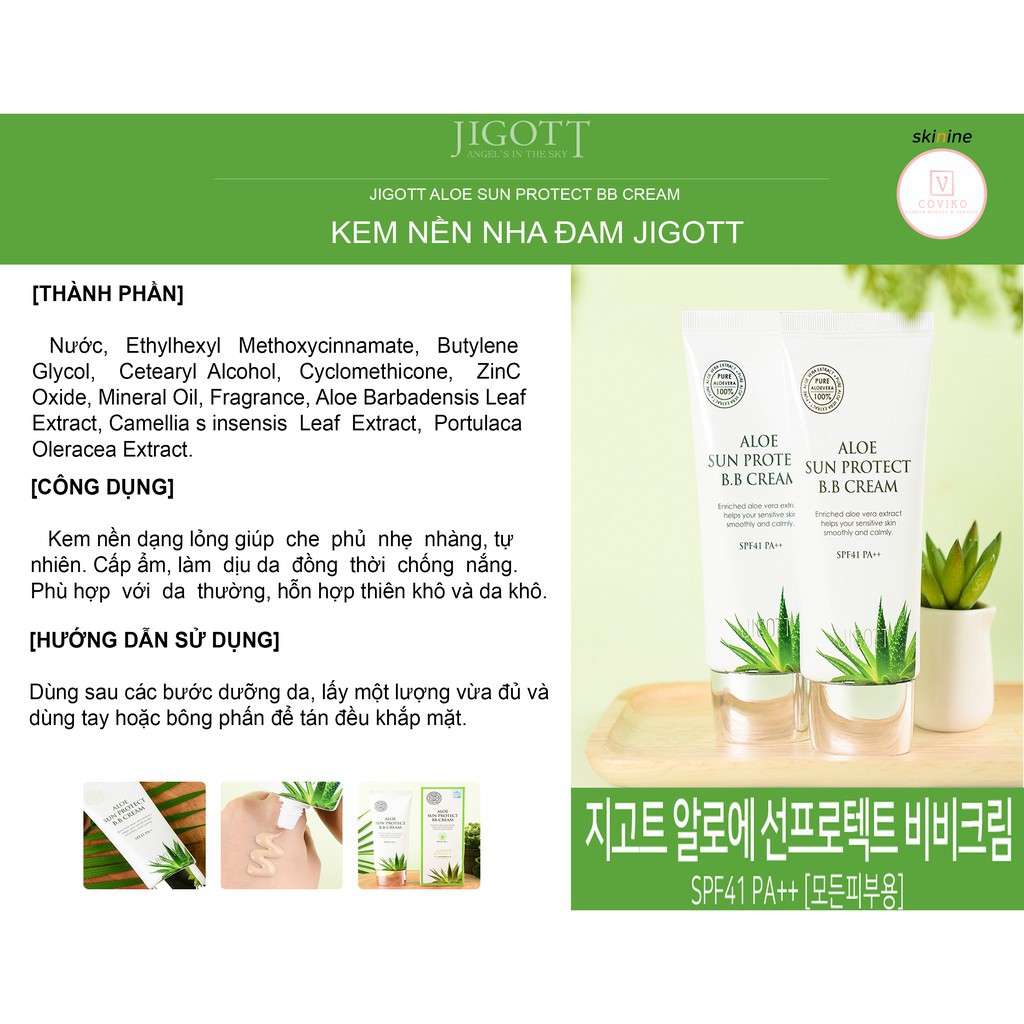 Kem nền BB chống nắng Hàn Quốc JIGOTT Aloe Sun Protect BB Cream - SPF41 PA++ 50ml | WebRaoVat - webraovat.net.vn