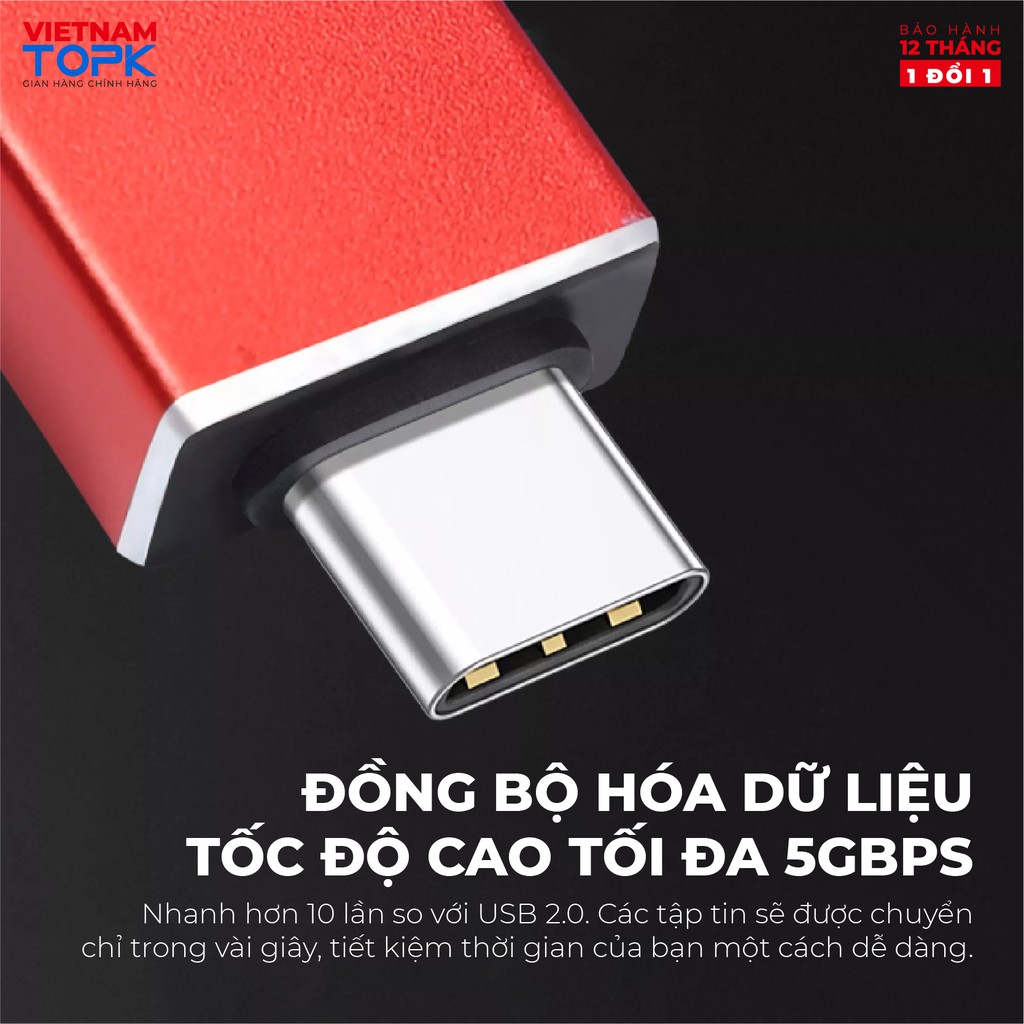 Đầu chuyển đổi TOPK L38 Type C sang USB 3.0 OTG 5Gbps 3A mạ Niken có thể làm móc khóa dễ mang theo cho Laptop/điện thoại