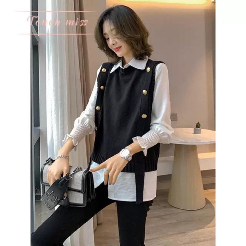 Sét áo gile len cổ tròn kèm áo sơ mi hàng loại 1 _ảnh thật