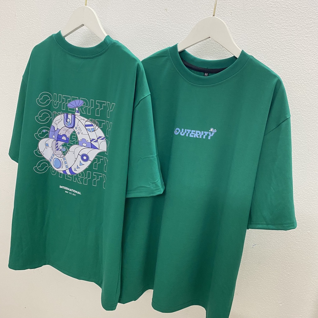 Áo thun tay lỡ OUTERITY SPACE XANH LÁ ĐẬM TO KKIMSHOP , Áo thun unisex nam nữ form rộng oversize chất liệu Cotton Thái