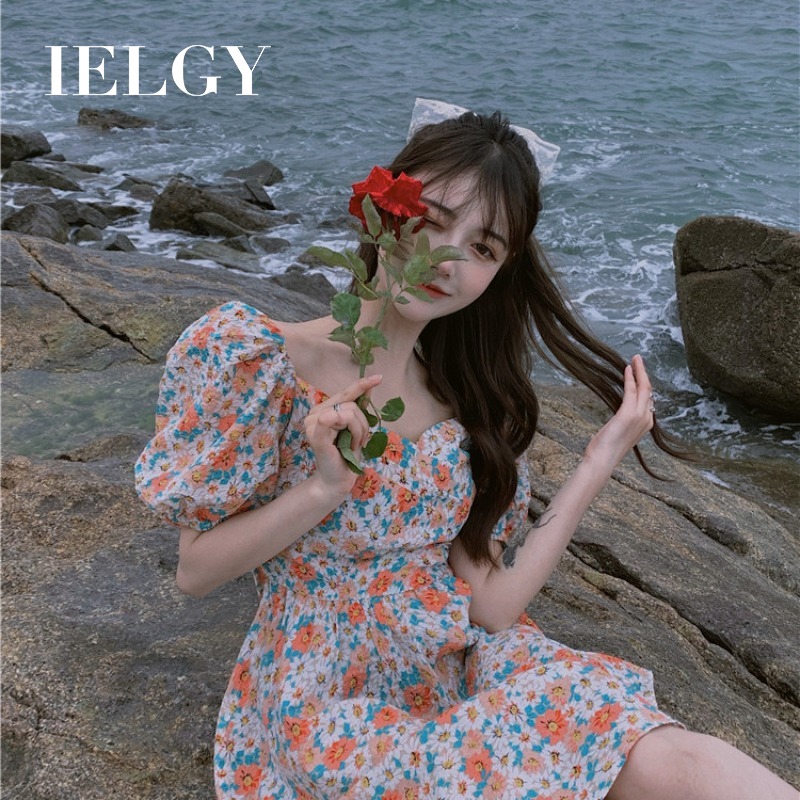 IELGY   Đầm Hoa Ngắn Tay Lưng Cao Cổ Vuông Thời Trang Dành Cho Nữ