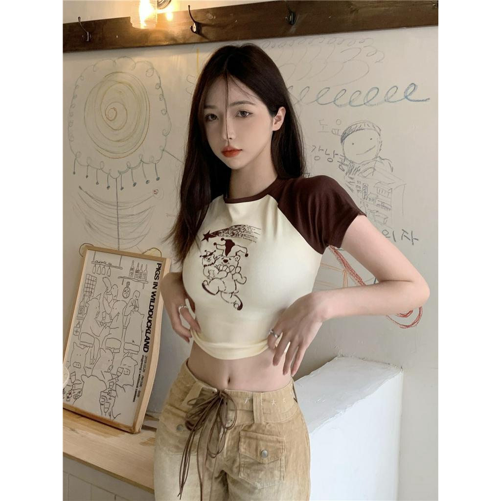 Áo Thun Ngắn Tay Dáng Ôm Màu Sắc Tương Phản Cổ Điển Thời Trang Cho Nữ 52733
