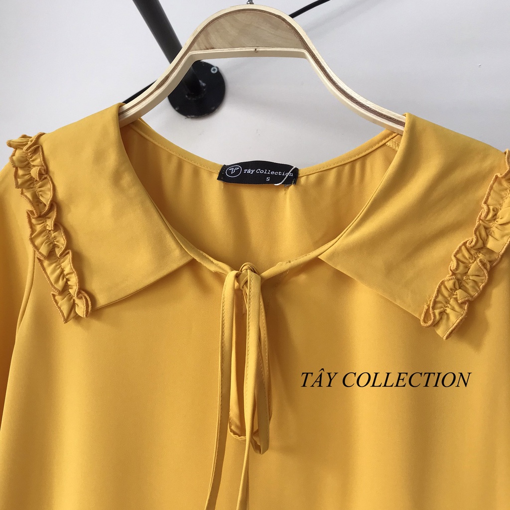 Áo sơ mi phối cổ nhún bèo cột nơ thiết kế Tây Collection