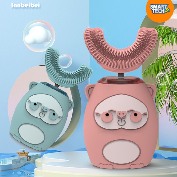 Bàn chải điện cho bé Healthy Baby, bàn chải đánh răng điện chữ U silicon cao cấp cho bé từ 2 tuổi, bảo hành 6 tháng