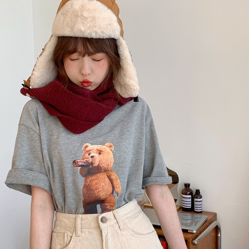 Áo thun IELGY tay ngắn dáng rộng in hình chú gấu hoạt hình kiểu Hàn Quốc cho nữ