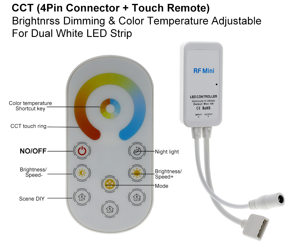 DC5-24V Mini RF LED Controller Wireless Touch Remote for Single Color/ Dual White/ RGB /RGBW / RGB+CCT LED Strip Control