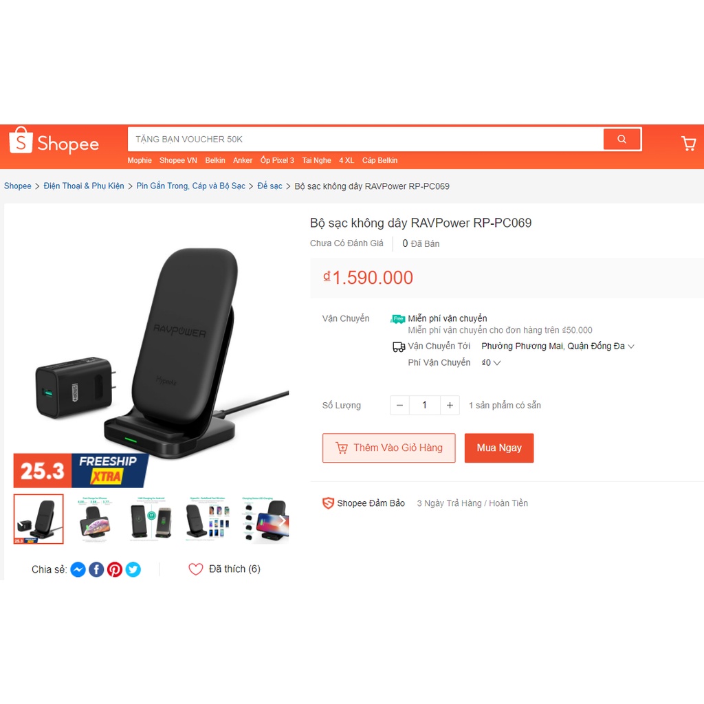 Đế Sạc Không Dây RAVPower RP-PC069 10 W Chuẩn Qi  - Hàng Chính Hãng Việt Nam - Bảo Hành 1 Năm