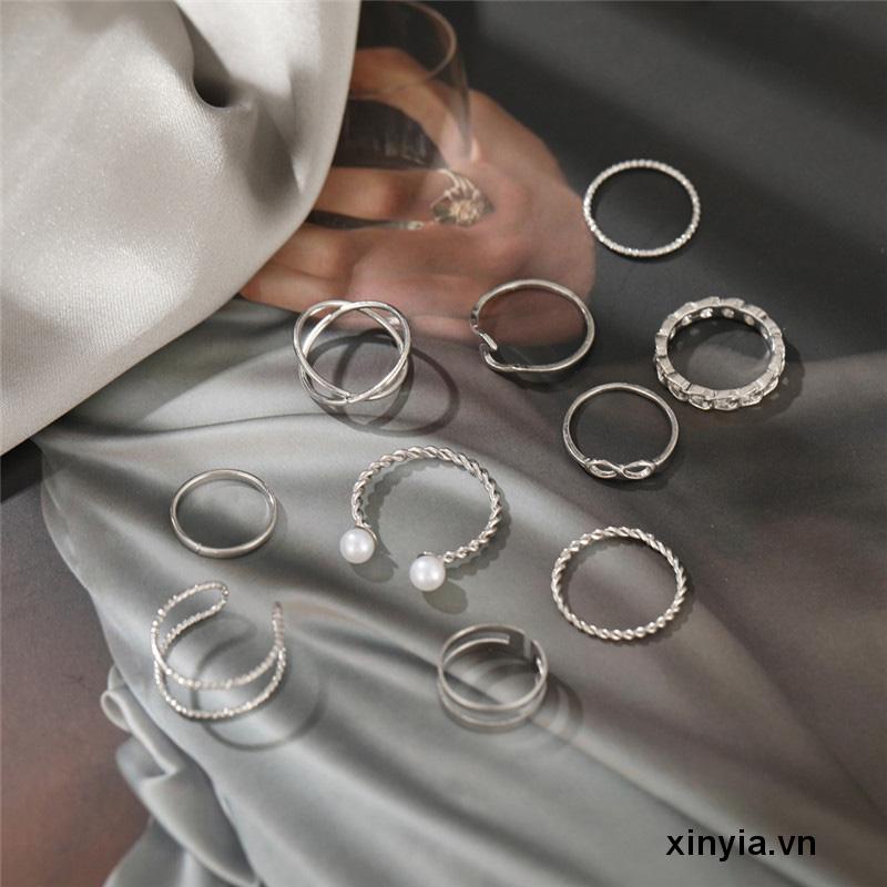 🌺 Set 10 nhẫn đeo tay bằng kim loại đính đá và ngọc trai thanh lịch sành điệu cho nữ