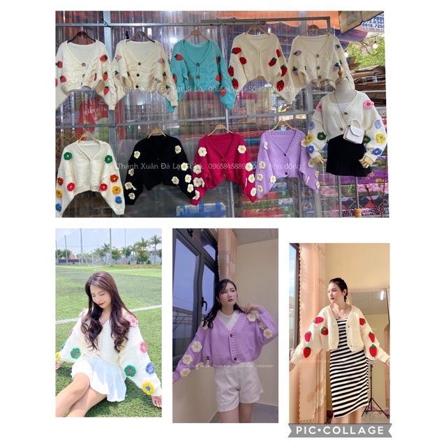 Hình thật- Áo Len Móc Dâu - Móc Hoa Dày Dặn