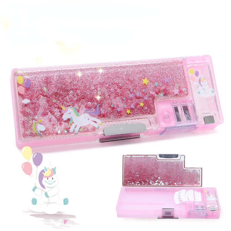 Hộp Đựng Bút Hai Ngăn Bằng Nhựa Họa Tiết Hoạt Hình Lấp Lánh Đa Năng Sáng Tạo Dễ Thương Dành Cho Bé Gái