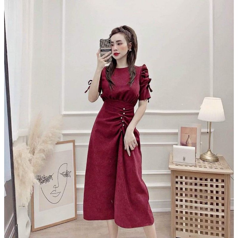 Váy nhung tăm đính hạt nhấn eo BCiPLOMAI