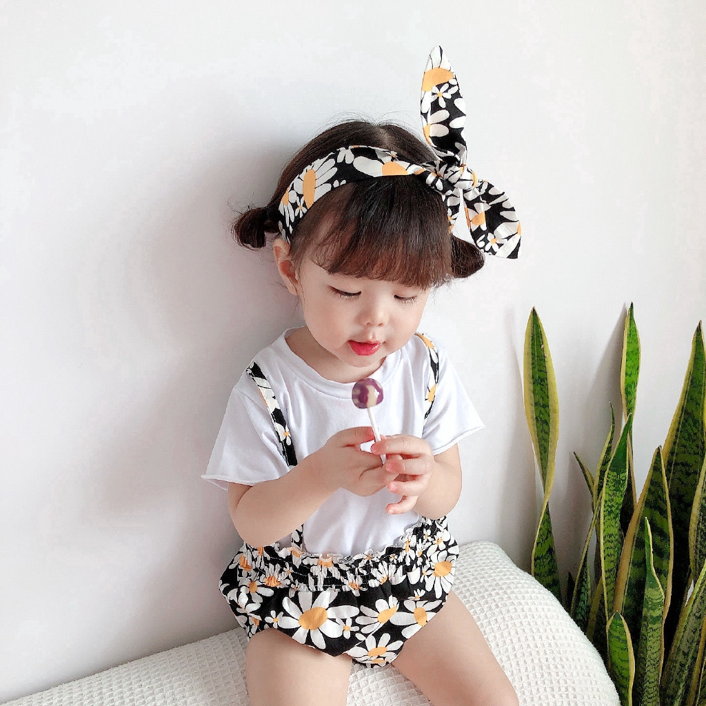 Set jumpsuit tay ngắn kèm băng đô in họa tiết hoa thời trang xinh xắn cho bé gái