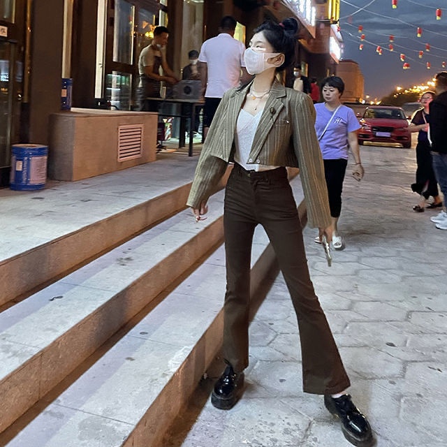 Quần jean nữ lưng cao ống loe màu nâu đen kiểu dáng hot trend phong cách retro Hàn Quốc loại 1 đủ size