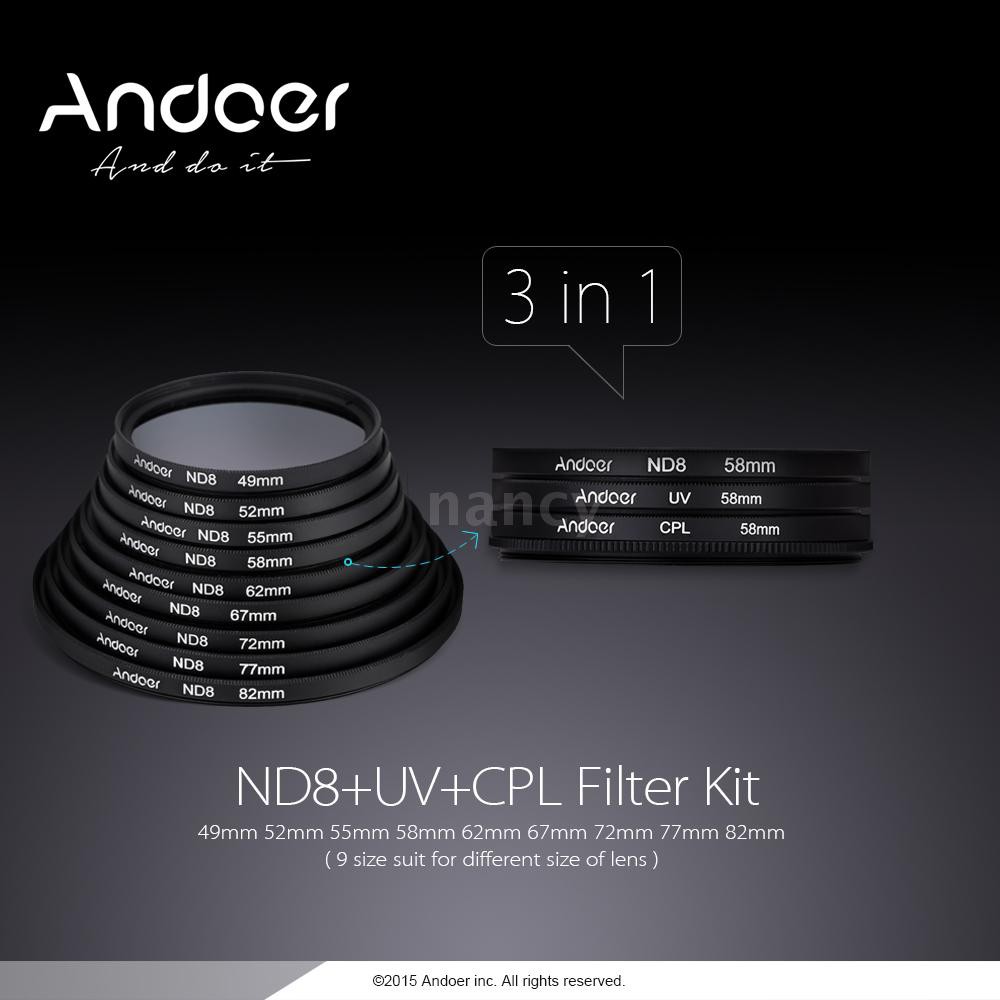 Bộ kính lọc tròn 72mm UV+CPL+ND8 phân cực ND8 Andoer có túi đựng cho Nikon Canon