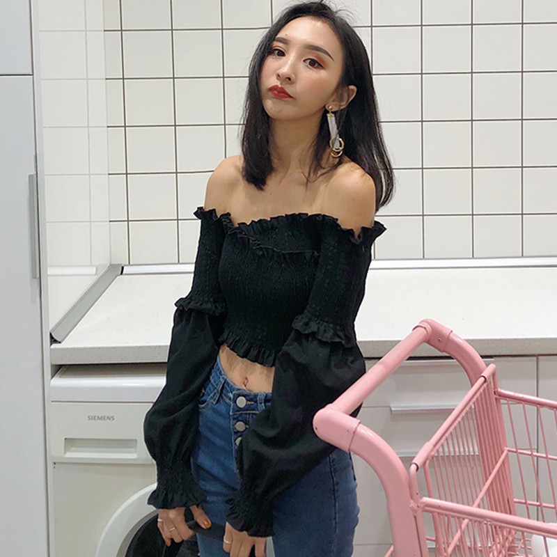 Áo Croptop Trễ Vai Tay Dài Phối Bèo Thiết Kế Quyến Rũ | BigBuy360 - bigbuy360.vn