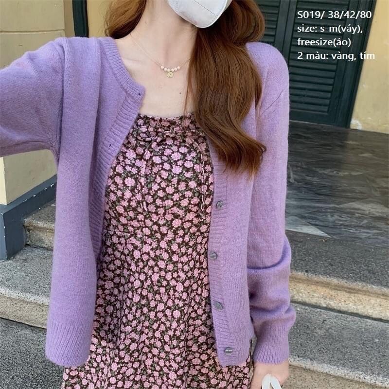 Set váy hoa nhí dáng chữ A + áo khoác len Cardigan siêu hot hit
