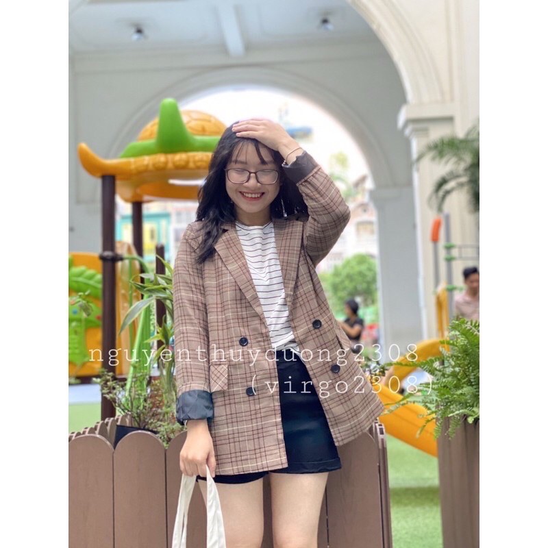 [Ảnh thật/Video]Áo blazer kẻ nâu 4 cúc Hàn Quốc/Áo blazer 2 lớp nắp túi màu kẻ nâu | BigBuy360 - bigbuy360.vn
