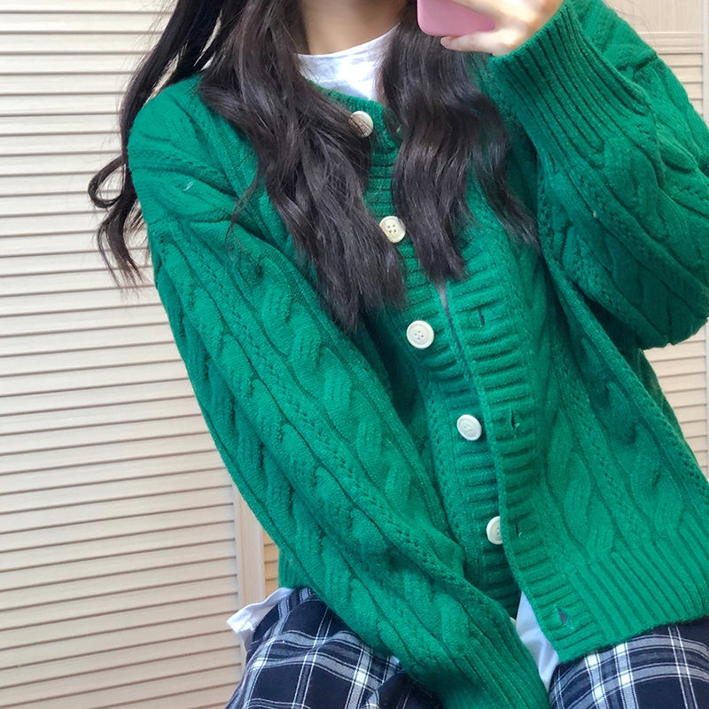 Áo Cardigan Dệt Kim Tay Dài Dáng Rộng Màu Xanh Lá Thiết Kế Mới Thời Trang Dành Cho Nữ