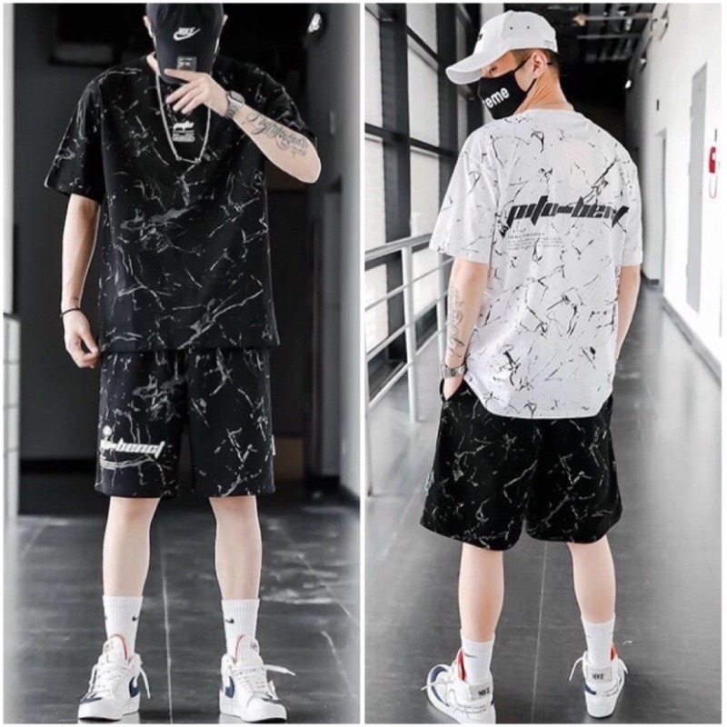 Sét Bộ Mặc Nhà Thể Thao Nam Nữ Mùa Hè Phong Cách Ulzzang Nam Nữ- Bộ Thun Loang Chữ 2 Màu Đen, Trắng Basic