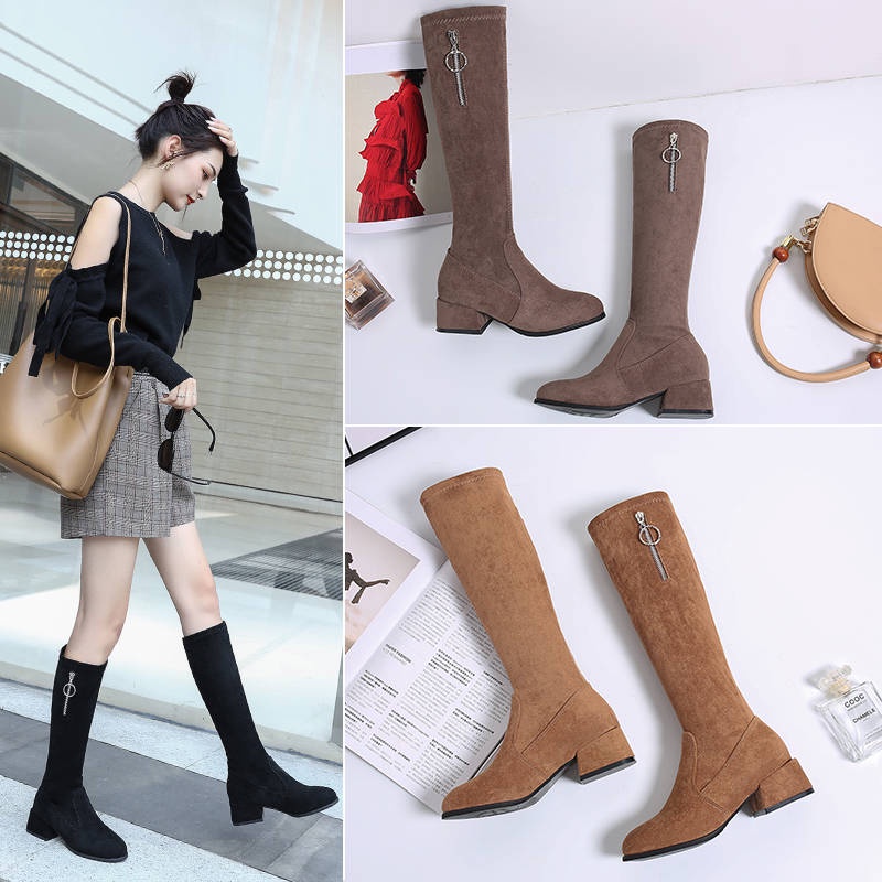 Giày bốt cao gót cổ cao đến đầu gối chất liệu da lộn co giãn thời trang thu đông mới cho nữ 2021