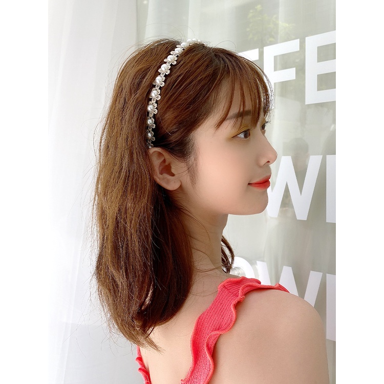Băng Đô Cài Tóc Bản Rộng Bằng Vải Đính Ngọc Trai Ngọt Ngào Mới