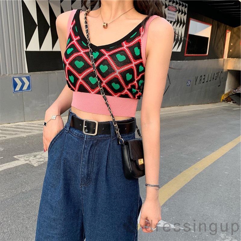 Áo Dệt Kim Sát Nách Hở Rốn Màu Tương Phản Thời Trang Cho Nữ