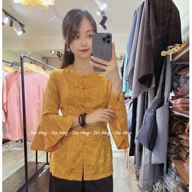 🌸 Bộ Đồ Bà Ba tay loe vải lụa tằm vân hoa hồng - đi chơi đi lễ sang chảnh màu vàng