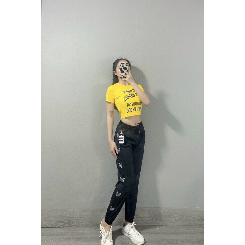 Quần Jogger Nữ In Viền Cánh Bướm Phong Cách Thể Thao