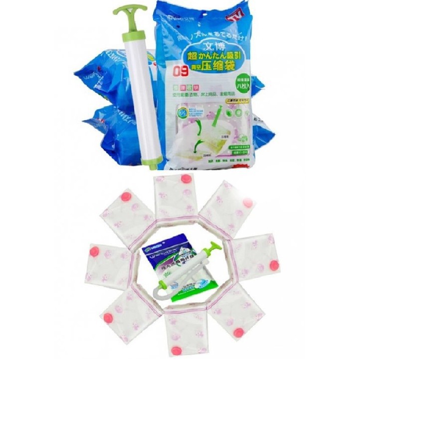 Bộ 8 Túi Hút Chân Không Cất Chăn Màn Quần Áo Gấp Gọn + Tặng Kèm Bơm Tay
