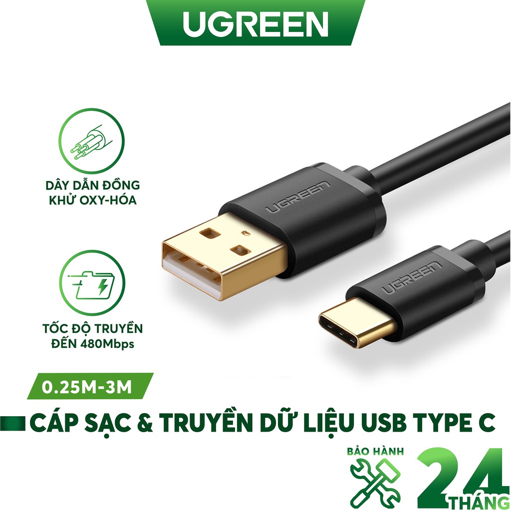 Cáp sạc và truyền dữ liệu USB 2.0 sang USB Type C, dài từ 0.25-3m UGREEN US141