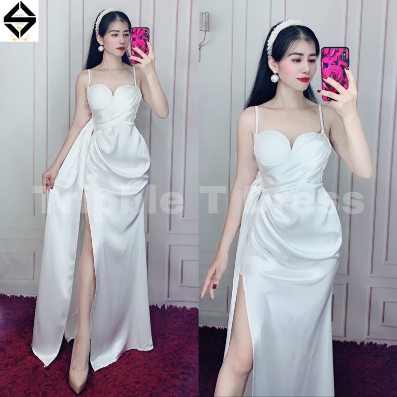 Đầm maxi phi thun lụa 2 dây xẻ đùi TRIPBLE T DRESS - Size M/L - MS388V