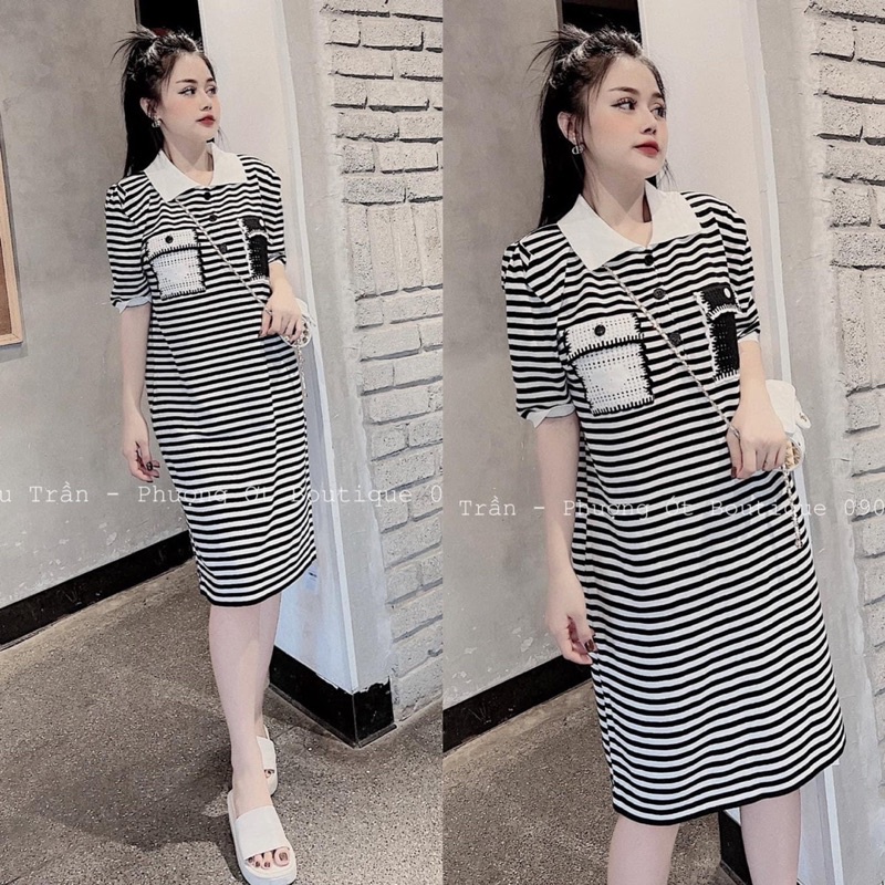 VÁY KẺ ĐEN NGANG CỔ TRỤ TÚI PHỐI LƯỚI