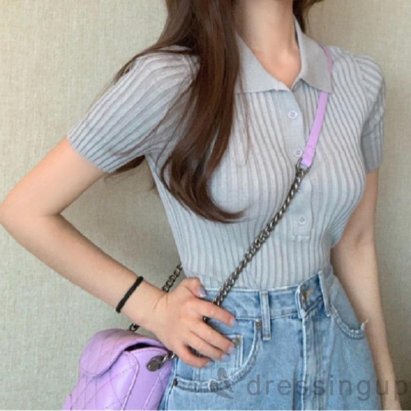 Áo thun tay ngắn cổ bẻ màu trơn dệt kim sọc gân có nút cài thời trang thường ngày cho nữ