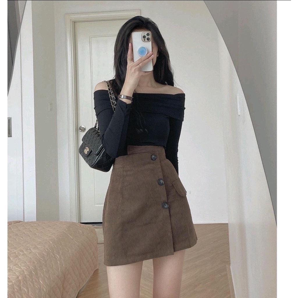 Chân váy ngắn nhung tăm dáng chữ A lưng cao đẹp - 749