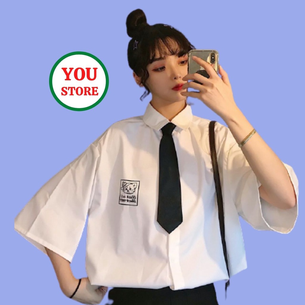 Áo Sơ Mi Nữ In Hình Mèo Kèm Cà Vạt Chất Liệu Đũi Lụa Hàng Mặc Cực Chất Mã 157 You Store