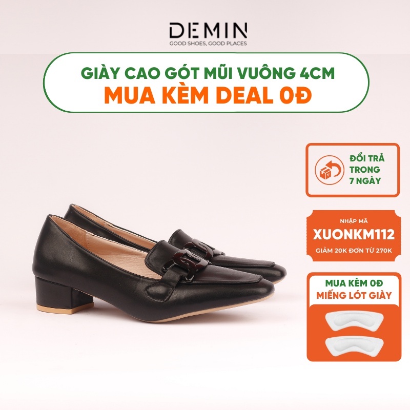 Giày cao gót DEMIN giày lười nữ cao cấp mũi vuông gắn họa tiết đế 4cm- KCG054