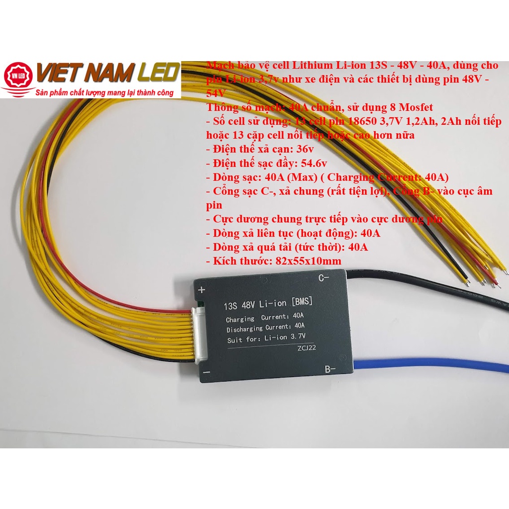 Mạch bảo vệ cell Lithium Li-ion BMS 13S - 48V - 40A, dùng cho pin Li-ion 3,7v như xe điện và các thiết bị dùng pin 48V