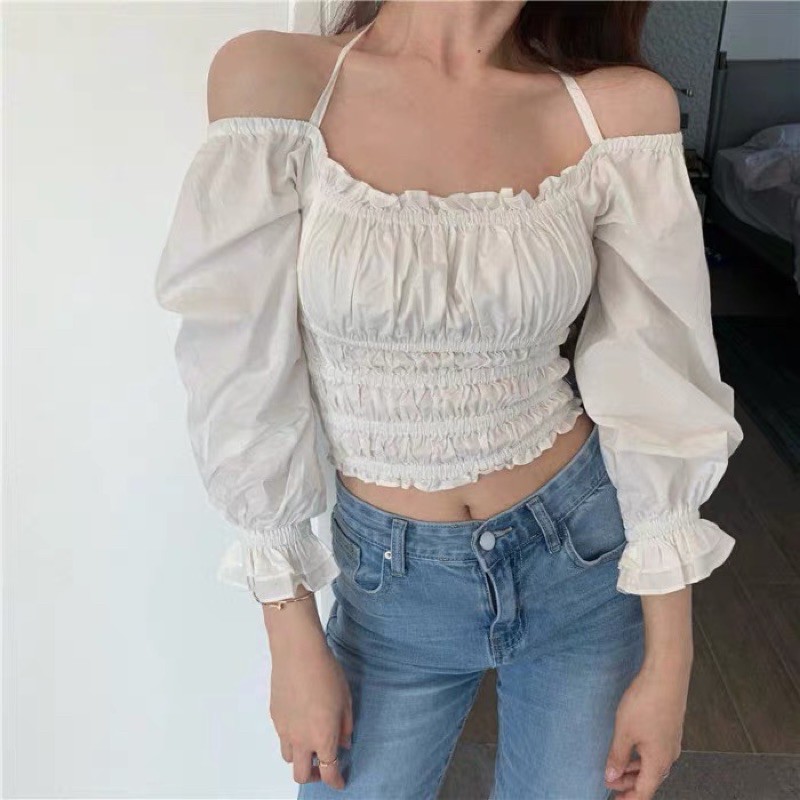 [Ảnh thật/sẵn] Áo Croptop Trễ Vai Chun Eo Xếp Ly Ngực Tay Bồng Mặc Đi Du Lịch Chụp Ảnh Siêu Xinh - Aperdo Fashion