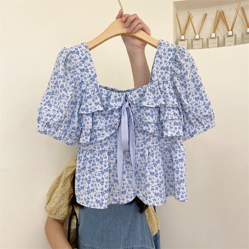 Áo Voan Tay Ngắn Cổ Vuông In Họa Tiết Hoa Nhí Xinh Xắn Thời Trang Hè Cho Nữ