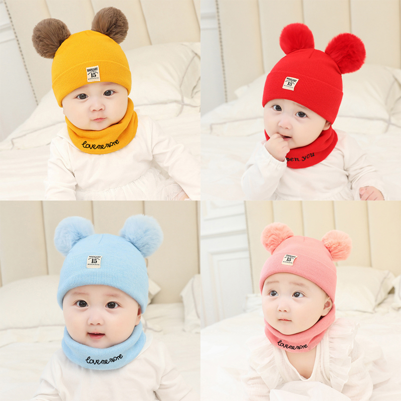 Set Mũ Len Trùm Đầu &amp; Khăn Choàng Cổ Đính Bóng Lông Ấm Áp Cho Bé