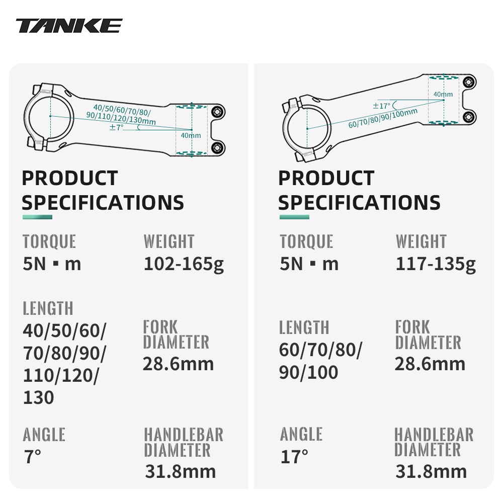 Pô tăng xe đạp TANKE MTB đánh bóng thân 7° 17° thích hợp thanh tay lái 31.8mm 60 70 80 90 mm chất lượng cao
