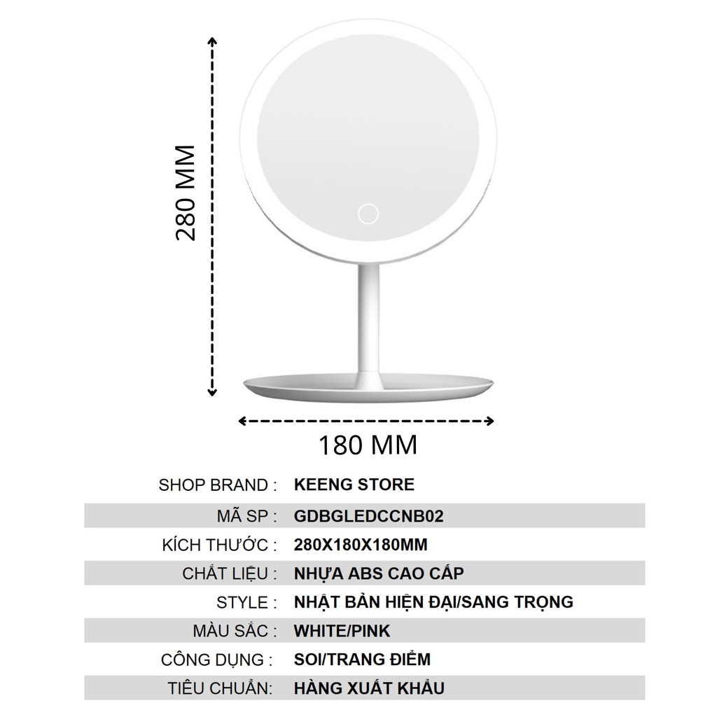 Gương trang điểm để bàn cảm ứng có đèn led KEENGSTORE 3 chế độ sáng thông minh pin Li-ion công nghệ Nhật bản [Hàng XK]