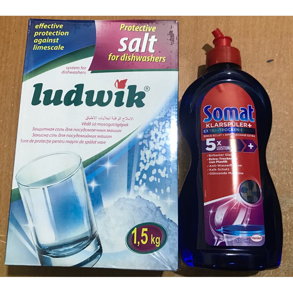 Combo Muối Rửa Bát Somat 1,2kg hoăc muối ludwik 1,5kg Và Chai Nước Làm Bóng Somat 500ml Hàng Đức