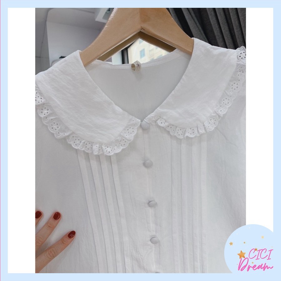 Áo sơ mi nữ trắng cộc tay bồng, cúc bọc cổ sen, Áo sơ mi trắng cộc tay cúc bọc cổ bèo ngắn tay bo [AMANDA] | BigBuy360 - bigbuy360.vn