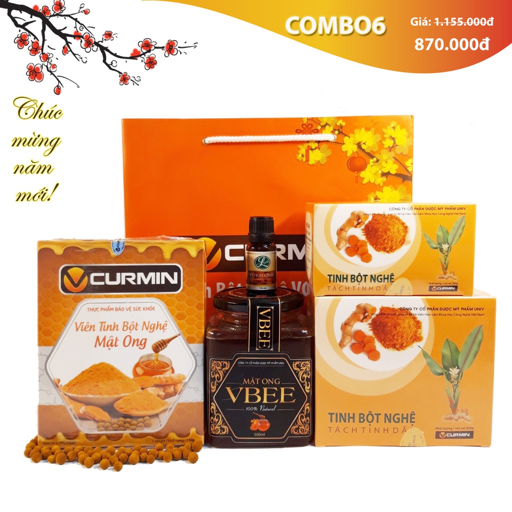 COMBO6: Viên tinh nghệ mật ong VCURMIN 150g + 1 hộp tinh bột nghệ VCURMIN 500g & 1 hộp 250g + 1 mật ong VBEE 500ml (5SP)