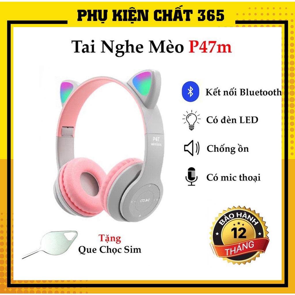 Tai Nghe Không Dây Tai Mèo Bluetooth P47M , Tai Nghe Không Dây Chụp Tai - Đệm Tai Êm- Có Míc -Chống Ồn-Tích Hợp Đèn
