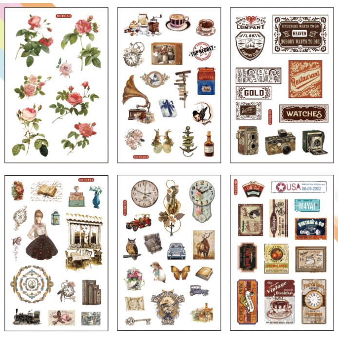 [25 mẫu] Bộ 6 tấm sticker vintage hình dán dễ thương trang trí sổ tay cute, Nhật ký, Bullet Journal chất liệu washi